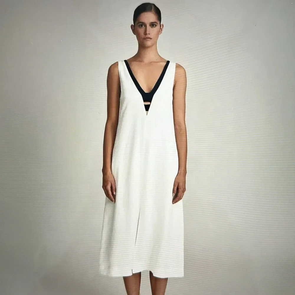 Reiss White Linen Midi Dress Contrast Navy Trim Deep V | US 2 - Picture 1 of 7